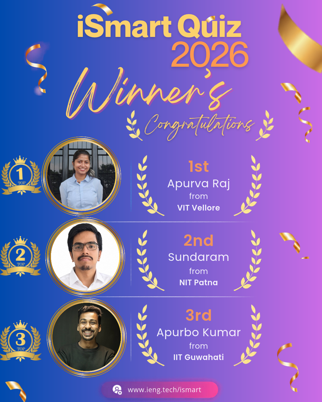 iSMART Quiz 2026 Winners - Apurva Raj, Sundaram, Apurbo Kumar